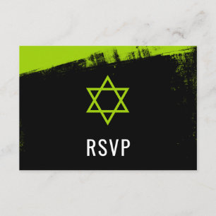 Grunge Lime Green Black Bar Mitzvah RSVP Kaartje