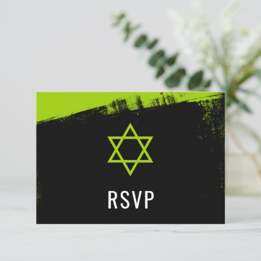 Grunge Lime Green Black Bar Mitzvah RSVP Kaartje (Staand voorkant)