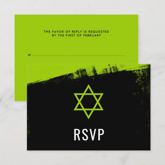 Grunge Lime Green Black Bar Mitzvah RSVP Kaartje (Voorkant / Achterkant)