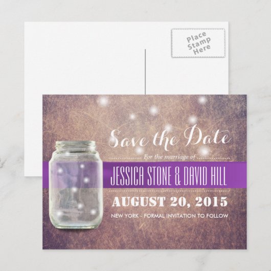 Grunge Mason Jar & Fireflies Save the Date Aankondigingskaart (Voorkant / Achterkant)