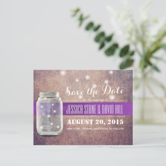 Grunge Mason Jar & Fireflies Save the Date Aankondigingskaart (Staand voorkant)