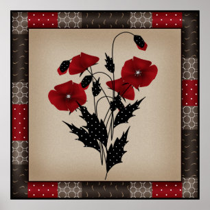 Grunge olidachtige retro papaaien rode bloemen poster