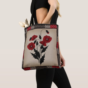 Grunge olidachtige retro  papaaien rode bloemen tote bag
