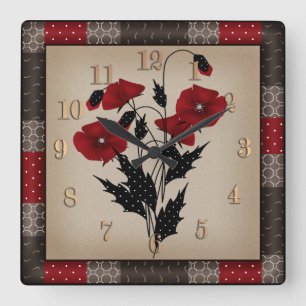 Grunge olidachtige retro papaaien rode bloemen vierkante klok