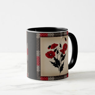 Grunge ouderige retro vintage klaprozen rode bloem mok