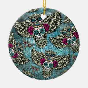 Grunge Owls with sugar skulls Keramisch Ornament