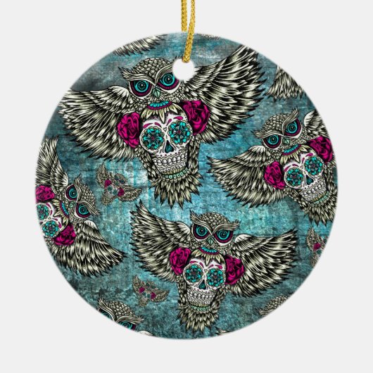 Grunge Owls with sugar skulls Keramisch Ornament (Voorkant)
