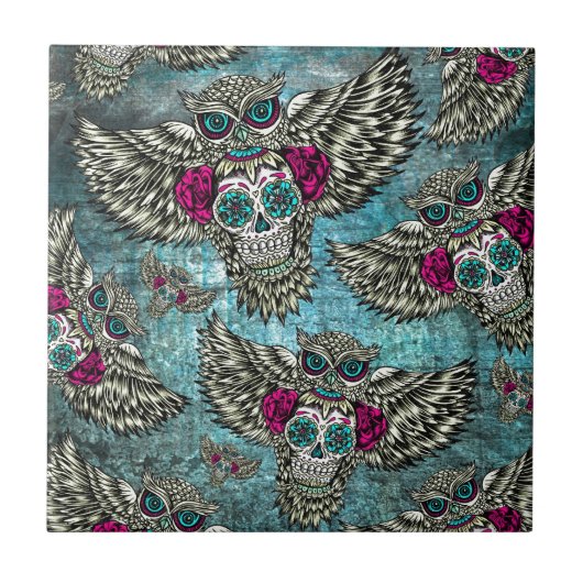 Grunge Owls with sugar skulls Tegeltje (Voorkant)
