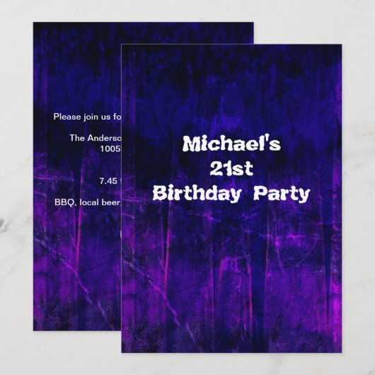 Grunge Paars Blue Abstract 21st Birthday Mans 2 Kaart (Voorkant / Achterkant)