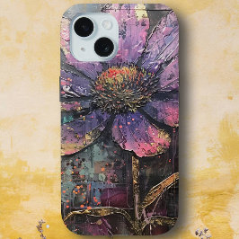 Grunge Paarse Daisy Abstracte Kunst Monogram iPhone 15 Case