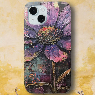 Grunge Paarse Daisy Abstracte Kunst Monogram iPhone 15 Case