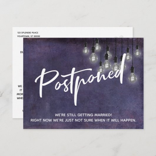Grunge Paarse Edison Lights Uitgestelde bruiloft Briefkaart (Voorkant / Achterkant)