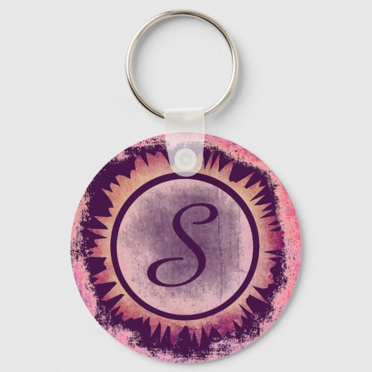 Grunge paarse flower aangepaste monogram sleutelha sleutelhanger (Voorkant)