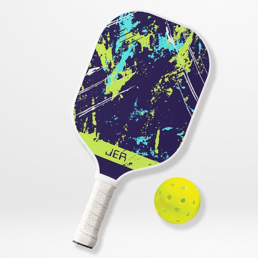 Grunge Paint Splash Monogram Eerste Letters Blauwe Pickleball Paddle