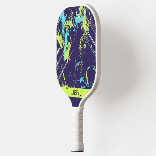 Grunge Paint Splash Monogram Initialen Blauwe Spor Pickleball Paddle (Links)