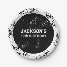Grunge Paint Splatter Black & White Birthday Papieren Bordje