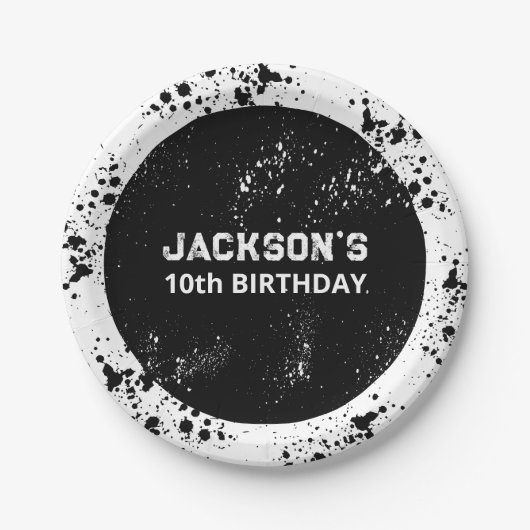 Grunge Paint Splatter Black & White Birthday Papieren Bordje (Voorkant)