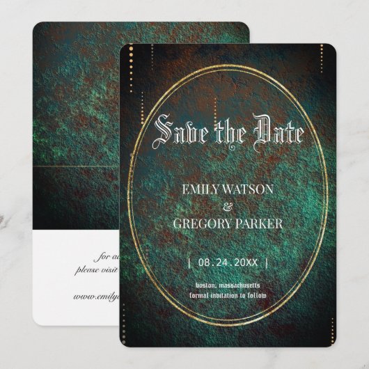 Grunge Patina rustic brow, metallisch Save The Date (Voorkant / Achterkant)