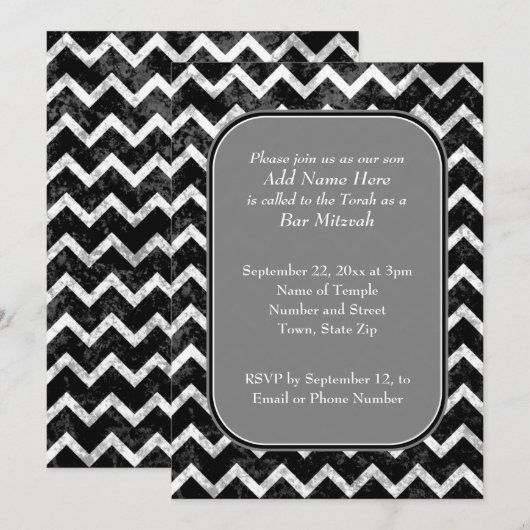 Grunge Pattern Black and White Chevron Bar Mitzvah Kaart (Voorkant / Achterkant)