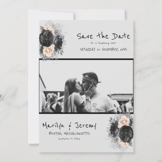 Grunge Photo Black Floral Flat Save the Date Kaart (Voorkant)