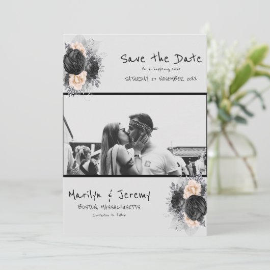 Grunge Photo Black Floral Flat Save the Date Kaart (Staand voorkant)