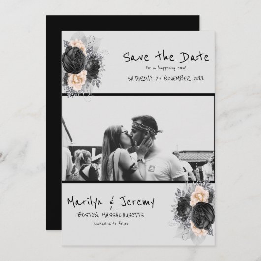 Grunge Photo Black Floral Flat Save the Date Kaart (Voorkant / Achterkant)