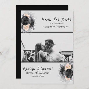 Grunge Photo Black Floral Flat Save the Date Kaart