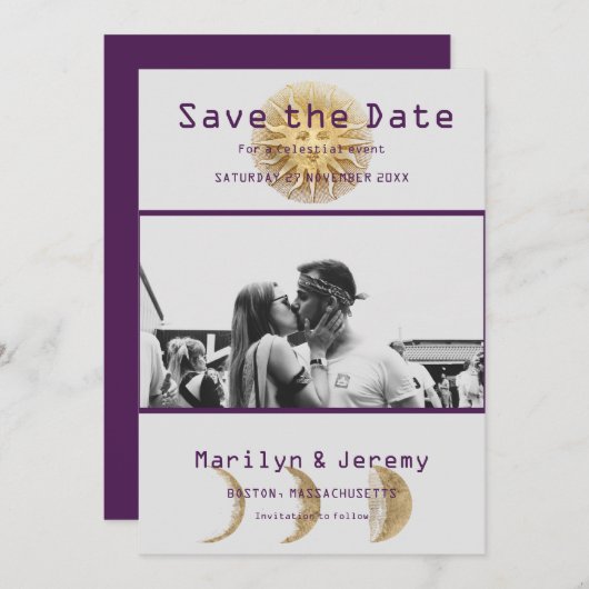 Grunge Photo Paarse Zodiac Flat Save the Date (Voorkant / Achterkant)