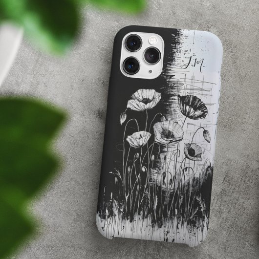 Grunge Poppy Zwart Wit Monogram Aangepaste naam Case-Mate iPhone Case