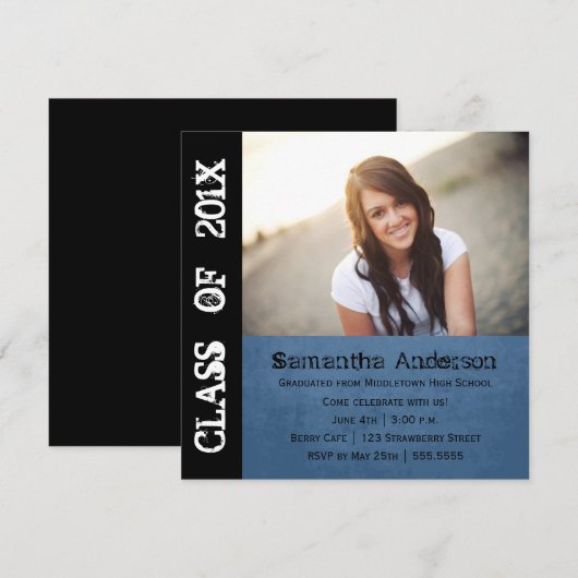 Grunge Punk Rock Afstuderen Invitation - Blue Kaart (Voorkant / Achterkant)