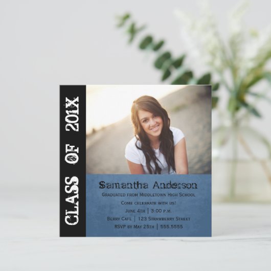 Grunge Punk Rock Afstuderen Invitation - Blue Kaart (Staand voorkant)