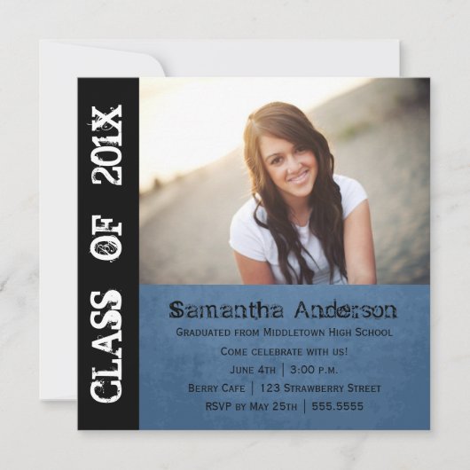 Grunge Punk Rock Afstuderen Invitation - Blue Kaart (Voorkant)