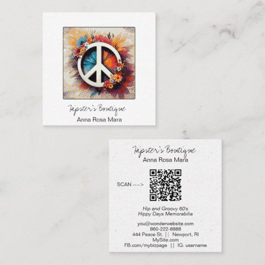 *~* Grunge QR Vredessymbool Bloemen Boho AP57 Vierkante Visitekaartje (Voorkant / Achterkant)
