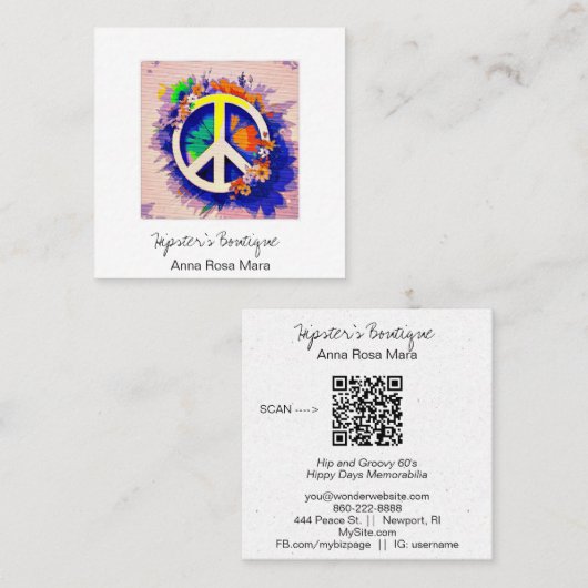 *~* Grunge QR Vredessymbool Floral Boho AP57 Vierkante Visitekaartje (Voorkant / Achterkant)