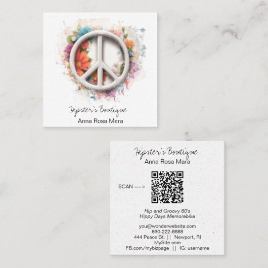 *~* Grunge QR Wit Vredesbord Bloemen Boho AP57 Vierkante Visitekaartje (Voorkant / Achterkant)