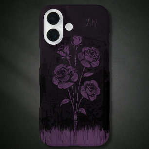 Grunge Rozen Zwart Paarse Monogram Aangepaste Naam iPhone 16 Hoesje