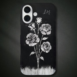 Grunge Rozen Zwart Wit Monogram Aangepaste naam iPhone 16 Hoesje