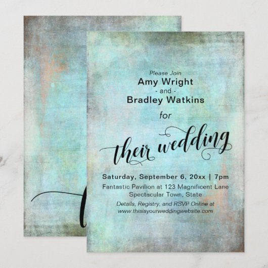 Grunge, Rustic Aqua Hun bruiloft kalligrafie Kaart (Voorkant / Achterkant)