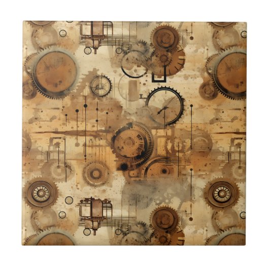 Grunge Rustic Steampunk Klok Tegeltje (Voorkant)