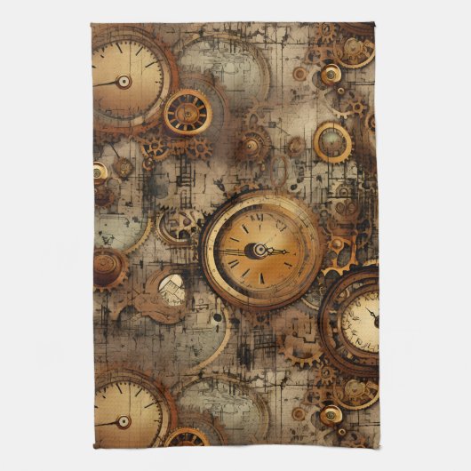 Grunge Rustieke Steampunk Klok (3) Theedoek (Verticaal)