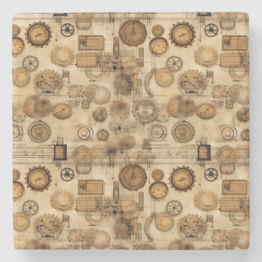 Grunge rustieke Steampunk klok (4) Stenen Onderzetter (Voorkant)