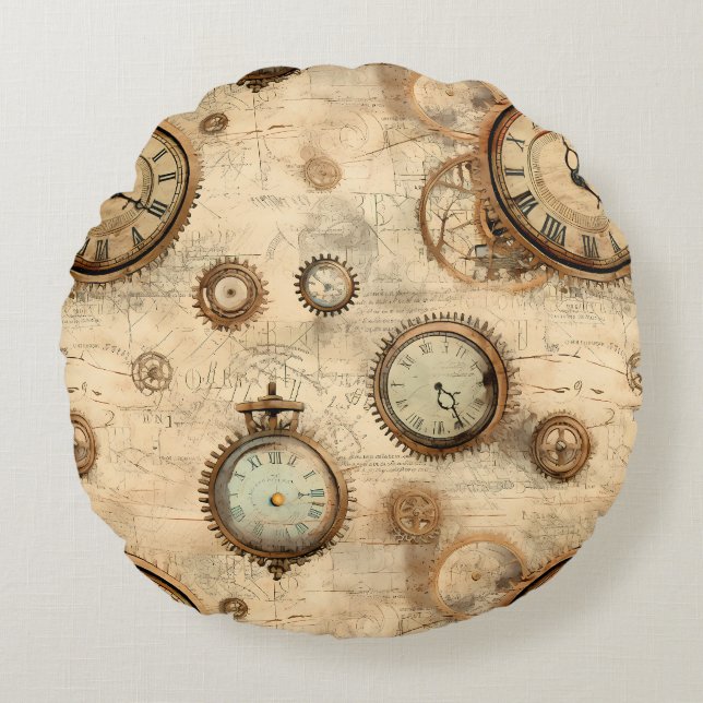 Grunge rustieke Steampunk klok (6) Rond Kussen (Voorkant)