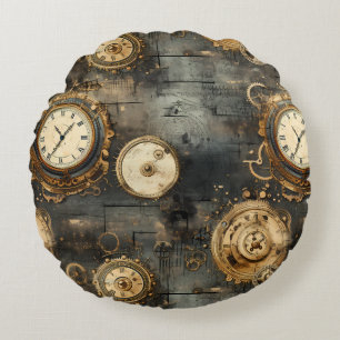 Grunge rustieke Steampunk klok (8) Rond Kussen