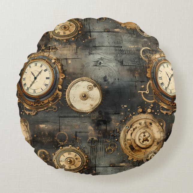 Grunge rustieke Steampunk klok (8) Rond Kussen (Voorkant)