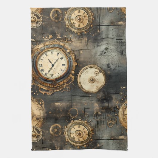 Grunge rustieke Steampunk klok (8) Theedoek (Verticaal)