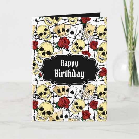 Grunge Schedels en Rozen Goth Verjaardag Kaart (Voorkant)