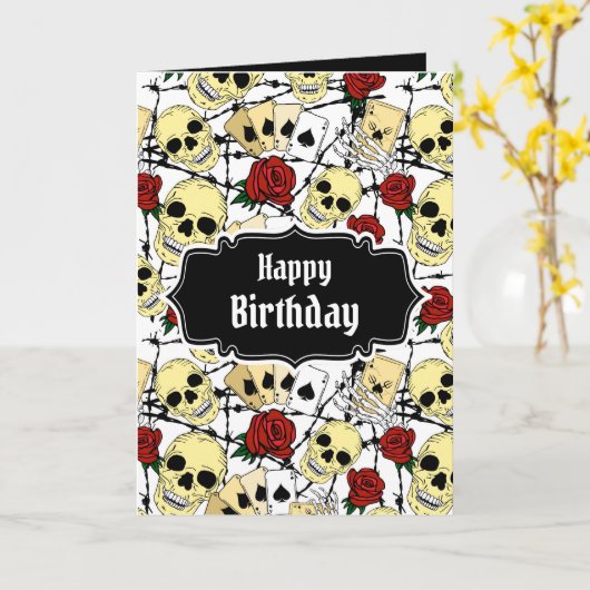 Grunge Schedels en Rozen Goth Verjaardag Kaart (Gele Bloem)