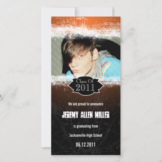 Grunge Sinaasappel Zwart Afstuderen Fotokaart Aankondiging (Voorkant)