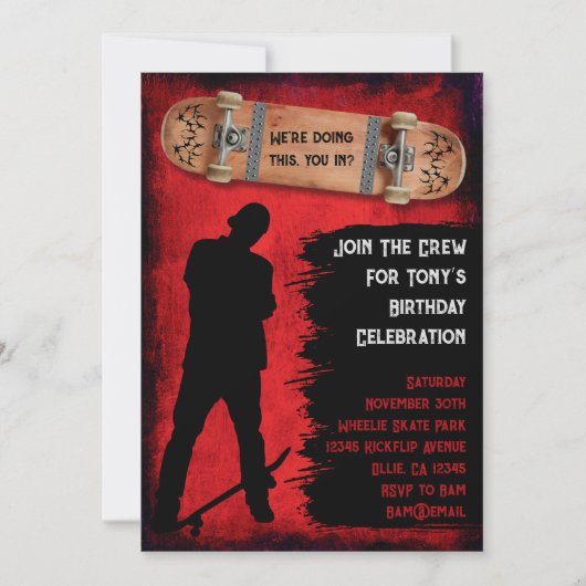 Grunge Skateboarden Verjaardagsfeestje Uitnodiging (Voorkant)