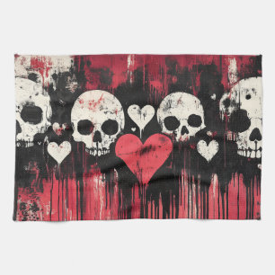 Grunge Skull and Hearts - Gedurfde rode en zwarte Theedoek